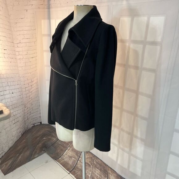 Calvin Klein Black Asymmetric Zip Wool Blend Spread Collar Moto Jacket Size 12 - Picture 3 of 10